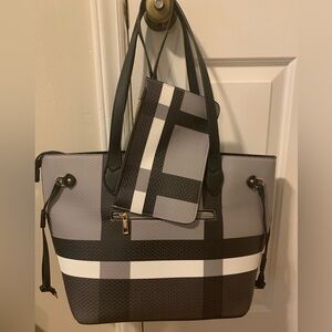 Vegan Leather Color Block Canvas Coated Large Tote Bag BUNDLE W/ Wristlet NWT